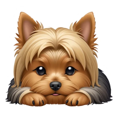 Meme-Worthy Cute Sleeping Yorkshire Terrier Portrait Emoji, Head resting gently with a peaceful, contented expression and softly closed, dreamy eyes, featuring a well-groomed, silky fur in rich hues, simplified yet irresistibly endearing, highly detailed, glowing with a gentle, drowsy radiance, high shine, exuding relaxed, heart-melting charm, styled with a soft glowing outline, capturing the essence of a sleeping Yorkshire Terrier that looks as if it could drift off into a sweet, meme-worthy slumber! sticker