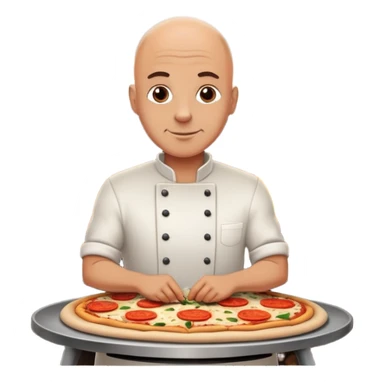 bald man cooking at a wood fire pizza oven sticker