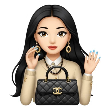 on est à Dubaï une chinoise avec des très très très beaux ongles et des très très très long  faux cils avec des sacs Chanel et un vêtement Chanel sticker