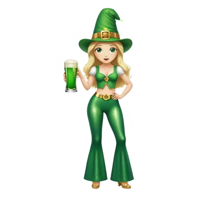 Blonde haired pretty woman in glittery green bell bottoms and tall leprechaun hat holding a green beer sticker
