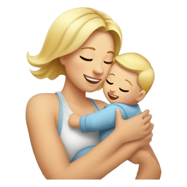 an EMOJI of a young mother with blonde hair, waist-up portrait, joyfully lifting baby in the air. The mother is lifting the baby with raised hands above hear head and they look into each other eyes sticker