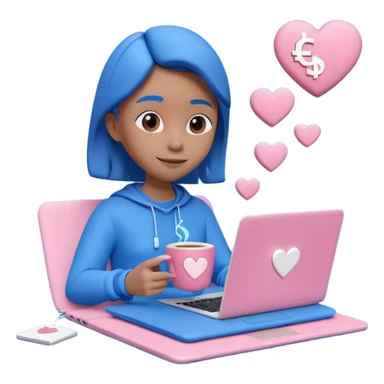 3D clay character relaxed with laptop and coffee, floating icons (envelope, heart, dollar), electric blue (#4A90D9) outfit, pink (#FF6B9D) floating icons, white laptop, Pixar style, transparent background sticker