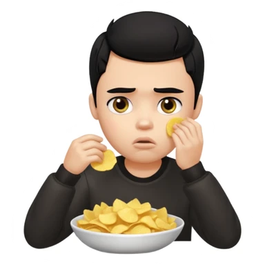 a PRETTY BRATZ boy with black hair, stuffing his face with chips and looking sad sticker