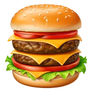 Cinematic juicy cheeseburger, perfectly grilled patty, melted cheese, crisp lettuce, tomatoes, and pickles, soft sesame seed bun, glossy and rich, warm glowing background, ultra-detailed and appetizing. sticker