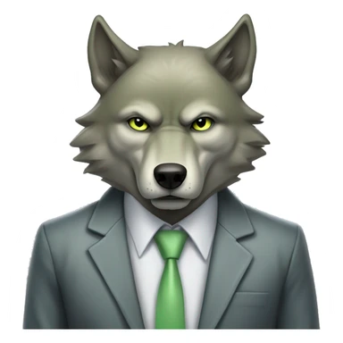 Portrait of Big Bad Angry Wolf with a human-like face wears a sleek jacket grey and a pastel green tie like a salesman and eyes color matching the tie sticker