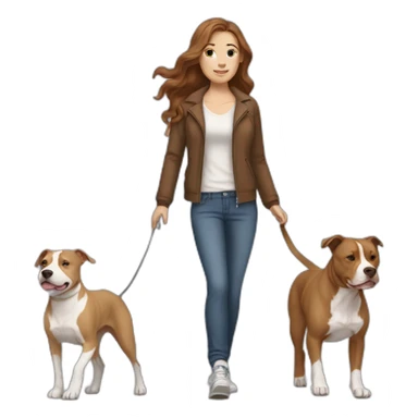 White woman with long wavy brown hair walking tan and white pitbull sticker