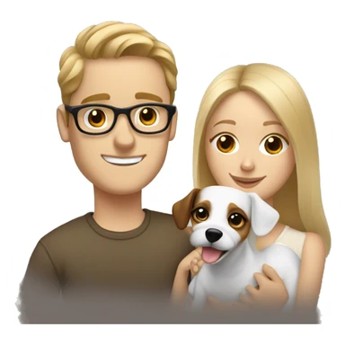 Blonde girl and her white boyfriend with brown hair and glasses cuddling a jack Russell  sticker
