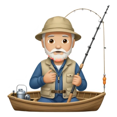 an old white haired, bearded man in fisherman attire, sat in a boat at sea, holding a fishing rod, with the end of the fishing line in the water sticker