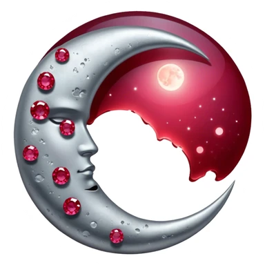 A glowing half-moon illuminates scattered rubies, blending lunar silver with deep crimson. The gemstones shimmer softly, creating a mystical and elegant scene. sticker