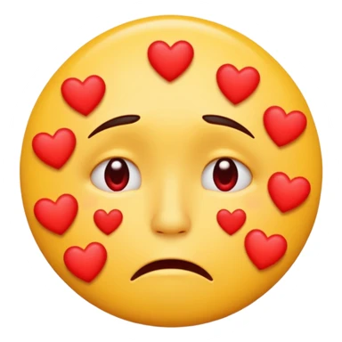 A yellow circular frowning face that is crying, with a dozen hearts floating from top to bottom in front of it sticker
