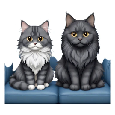 A large black smoke Maine Coon cat with long grey ear tufts and a fluffy grey ruff, sitting next to a chubby British Shorthair cat in blue color with plush fur, both sitting comfortably on a leather sofa. Beautiful room background with flowers and soft lighting. Transparent background. sticker