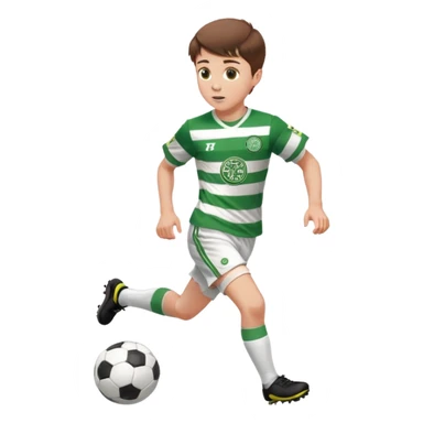 Celtic footballer jersey logo  6 years old brown hair white boy , brown eyes , stripes uniform , RUNNING  with soccer ball # 17 celtic football logo  ONE CELTIC LOGO ONLY white shorts sticker