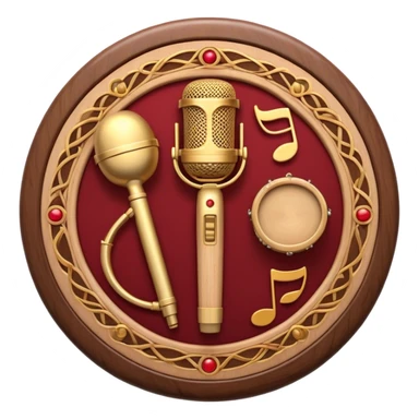 Create a warm and authentic humanless emoji representing folk singing. The design should feature a traditional folk microphone at the center, surrounded by classic instruments such as a bayan (button accordion), gusli (a traditional Russian zither), and a tambourine. Arrange these instruments in a harmonious, circular pattern to evoke a sense of folk music and community performance. Use natural, earthy colors like wood brown, deep red, and golden accents to reflect the rustic and heartfelt spirit of folk music. Add subtle musical notes to the background to convey the rhythm and harmony of the performance. The background should be transparent. sticker