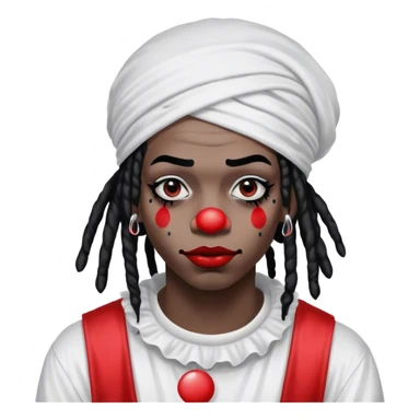 black emo rapper with clown paint with red lipstick, black circles in eyes and face, white paint dreads and a durag sticker
