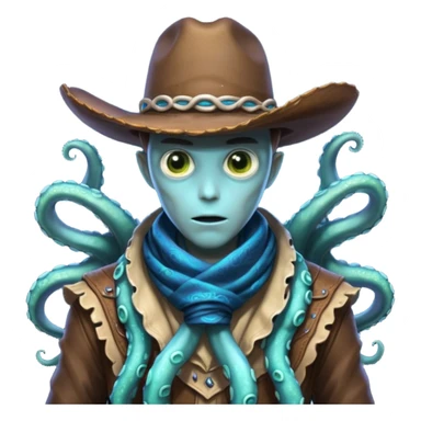 Close-up portrait of a tentacled alien cowboy, subtle glowing bioluminescent skin, tentacles partially hidden under a cowboy scarf, mysterious expression, dramatic shadow lighting, high detail, sci-fi western fusion
 sticker