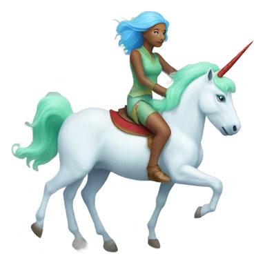 [(a light green Amazon alien woman with red hair with blue eyes) on a (four-legged white unicorn with a light blue mane)] sticker
