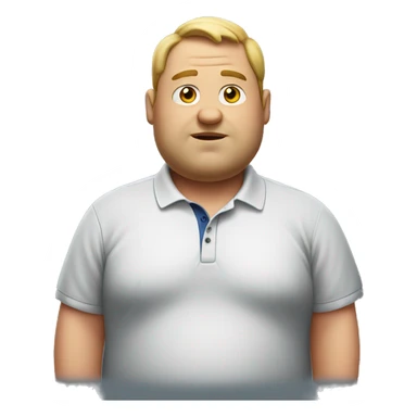 a fat man wears a polo shirt with fat text sticker