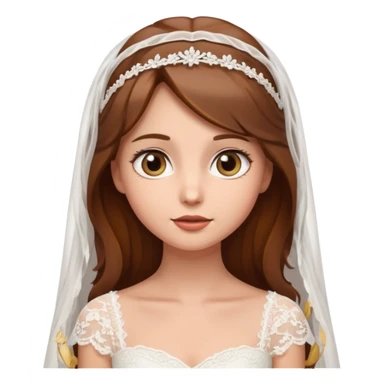 Brown-haired bride in a white wedding dress and veil, eyes looking upward with a curious expression, cute emoji style. sticker