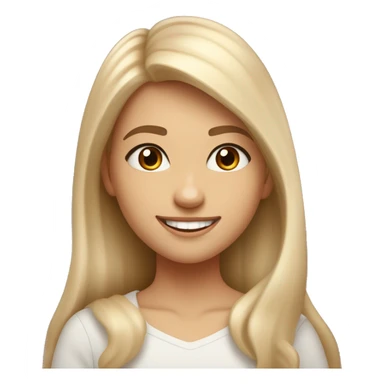 a girl, heart-shaped face with high cheekbones and a slightly pointed chin, almond-shaped brown eyes framed by long natural eyelashes. 
Arched eyebrows, medium density, long light blond hair, wide smile showing teeth, joyful and expressive face sticker