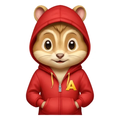 Portrait of a cute cartoon chipmunk with light brown and beige fur, wearing a red hoodie no zip with a yellow 'A' on it, big round eyes, small nose, and a mischievous grin, front-facing, stylized in animated movie style sticker