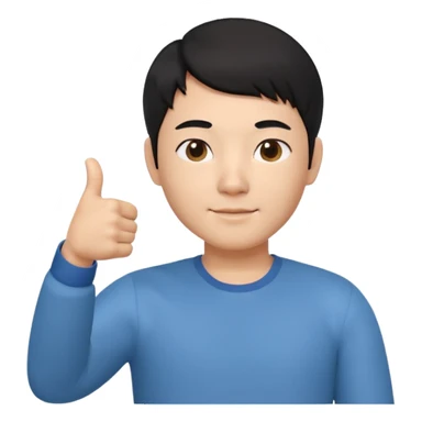 3D avatar of a Korean male frontend developer,
short black hair with clean 5:5 middle part,
no glasses,
one hand making thumbs up gesture,
calm and friendly expression,
minimal professional style sticker