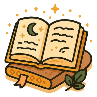  cute open book lying on a cozy surface, designed in a soft and magical color palette: golden orange (FA9B41), deep forest green (4A7C5C), warm taupe brown (96775A), and pastel peach (FFCC9A). The pages are slightly aged with gentle curves, featuring whimsical illustrations, tiny stars, and elegant handwritten text. The book cover, visible beneath the open pages, has decorative patterns and a ribbon bookmark in peach and green tones. Around the book, add soft light, a few leaves, or glowing sparkles, creating a dreamy, enchanted, storybook-like atmosphere. The overall mood is warm, magical, and gentle sticker