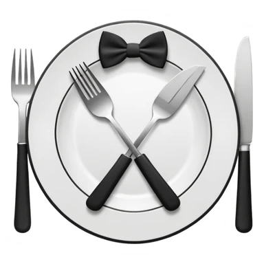 Minimalistic flat vector icon, iOS style, thin black contour on white background. Fork and knife crossed on a plate with a small bow tie above. Clean, no text, no shadows sticker