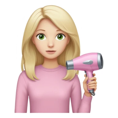 blonde with long hair and pale green eyes, wearing a beige sweater, holding a pink Dyson hair dryer, iOS emoji style sticker