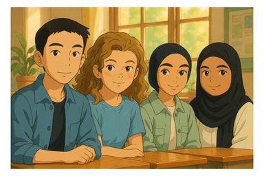 Transform these four students into Ghibli-style characters sitting together in a warm and bright classroom, following a course. Maintain the diversity and distinctive traits of each student. The background should be a classroom setting with a cozy and luminous atmosphere, capturing the essence of Ghibli animation style. sticker