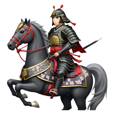 clash-of-clans-aesthetic_-cinematic-fearsome-and-majestic-samurai-bust-portrait-emoji, rendered in a flat, vector-style with minimal shading and bold, simplified shapes typical of emoji art, depicting a battle-hardened samurai with steely eyes and traditional black Japanese armor. The samurai is riding a noble grey warhorse adorned with an intricately designed saddle and fluttering banners, against a backdrop of cherry blossoms and a rising sun. a samurai on a   horse sticker