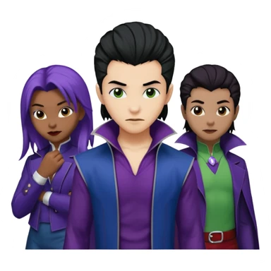 Solo poly platonic relationship, one African girl, one Asian boy, one biracial features Asian tomboy girl rat-tail hair long and upper masculine hair 90s, vampire and marvel cosplay elements inspired  use marvel colours, like instead of obvious human, green purple blue etc,  sticker
