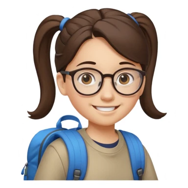 student brunet kid girl, ponytail wearing glasses with backpack sticker