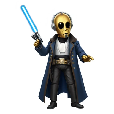 bounty hunter tarnished undercover tough well-equipped Jedi  life-sized darkblue-pearl C3po leather vest clothing pants and vest old west duster coat holding light saber sheriff holstered gun sticker