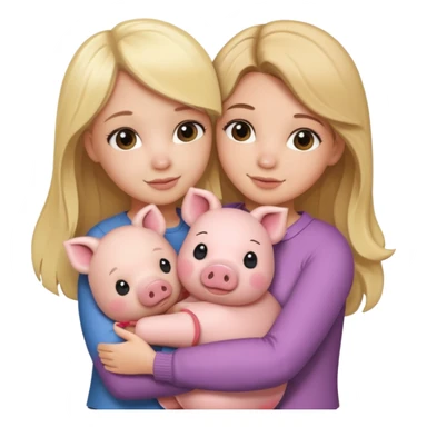 Girlfriends, blonde and brunette, hugging each other with a teddy bear and a little pig. Teddy sticker