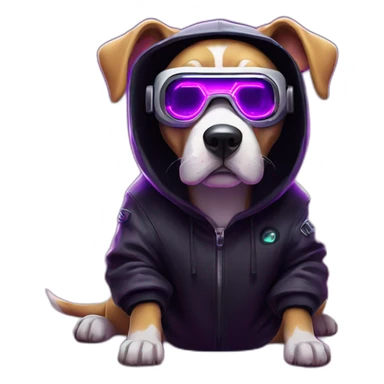 Russian dog wearing a black hoodie with "OMG" letters on it and VR headset in a cyberpunk VR environment with violet neon lighting. sticker