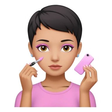 tan girl with no makeup pink shirt with black hair & a pixie, cut no earrings, doing pastel colors skin care sticker