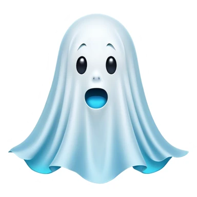 A hilariously exaggerated floating sheet ghost, its simple yet expressive form billowing with animated energy in vibrant whites and pale blues, with two wide, comically shocked eyes and a quirky, startled mouth, simplified yet overflowing with personality, highly detailed with a soft neon-like glowing outline, capturing the playful absurdity of a ghost caught off guard! sticker