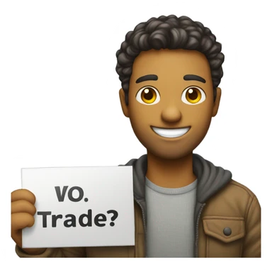 smiling male portrait indoors holding a sign that says “Trades?” sticker