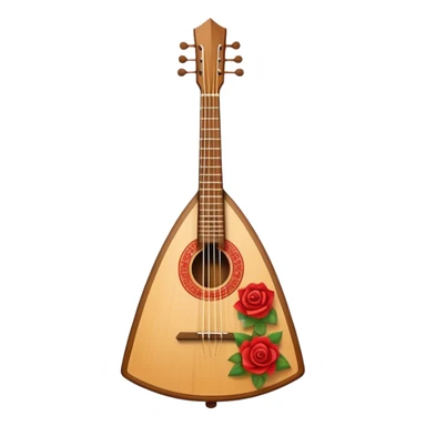 Create a refined and traditional emoji representing the 'Prima' balalaika. The design should feature the distinctive triangular shape of the balalaika, with visible strings and a beautifully crafted wooden body. Add subtle details like a decorative rosette or pick to emphasize the craftsmanship. Use warm wood tones, like rich browns and honey shades, to highlight the traditional and premium nature of the instrument. The background should be transparent. sticker