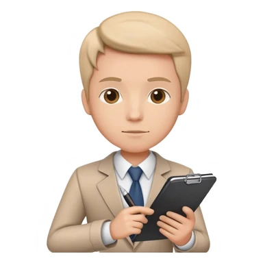 a person holding a checklist and pen, wearing smart casual clothing. The character is in a focused pose sticker