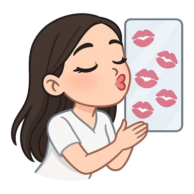 Create a chibi sticker of the girl from the previous successful bitmoji chibi stickers, kissing the screen with the screen covered in lipstick marks. She has long hair, the same face and style, with a white outline and transparent background. sticker