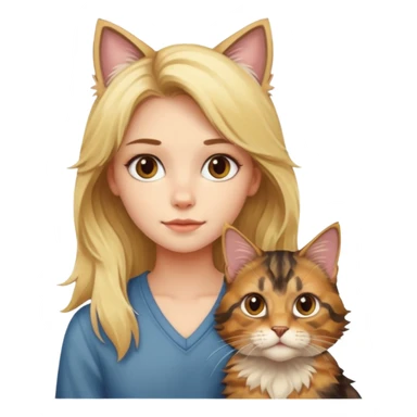 blonde girl with a maincoon cat and a tortie cat sticker