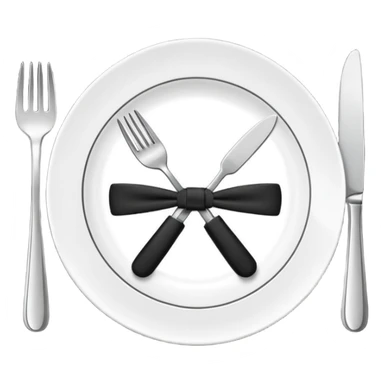 Minimalistic flat vector icon, iOS style, thin black contour on white background. Fork and knife crossed on a plate with a small bow tie above. Clean, no text, no shadows sticker