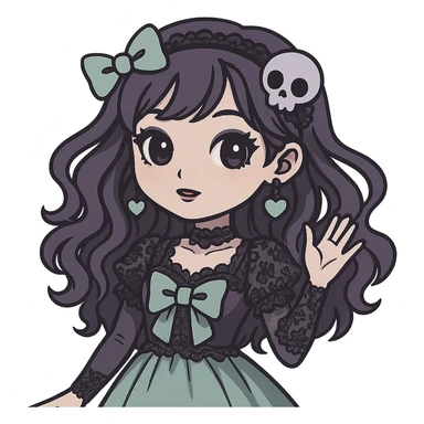 Edit the image of a dreamy pastel goth K-pop girl with dark lavender and mint colors, gothic lace, and a whimsical pose. The girl should have adorable accessories. Remove the background. The style should reflect dreamy pastel goth with gothic lace and a dark lavender and mint color palette. sticker