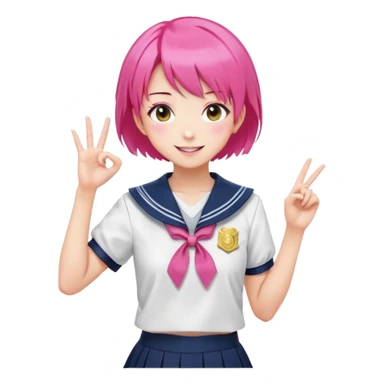 Anime girl with short bright pink hair wearing Japanese sailor style school uniform, composed posture with hand on hip but with excited smile and sparkling eyes, happy expression sticker