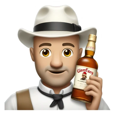 realistic meme of bald man with white bart mit jackey with Glenfarclas 35yo sticker