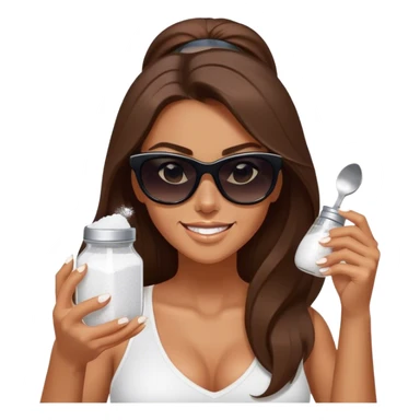 sassy woman with long brown hair and dark sunglasses holding a salt shaker filled with white table salt. She is shaking and sprinkling the salt. She is smirking.  sticker