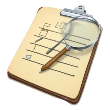 A clipboard with a checklist and a magnifying glass hovering over it sticker