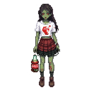Generate an Asian girl, dark-haired, she's a zombie, wearing a skirt with lace, slightly torn,

Holding a bottle of Coca-Cola in her hands.

Background - a dark street in the style of Gotham City. sticker
