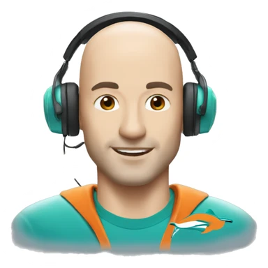 white bald and  man wearing a black cap and a headset with a miami dolphins t-shirts sticker